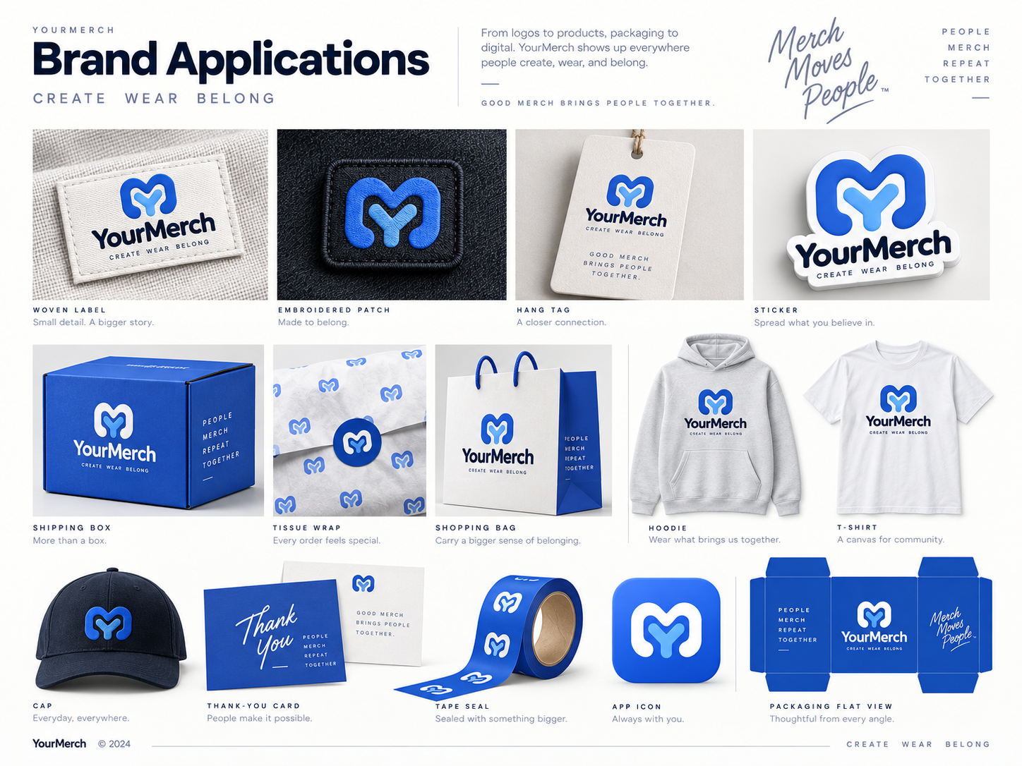 YourMerch brand applied to packaging, labels, apparel and accessories