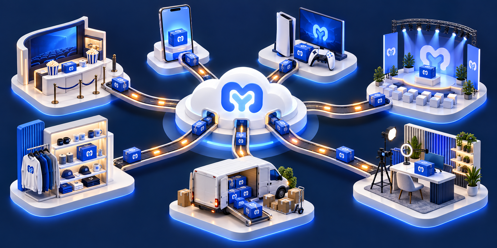 A YourMerch hub routing physical merchandise to cinema, apps, games, events, retail, creators and delivery