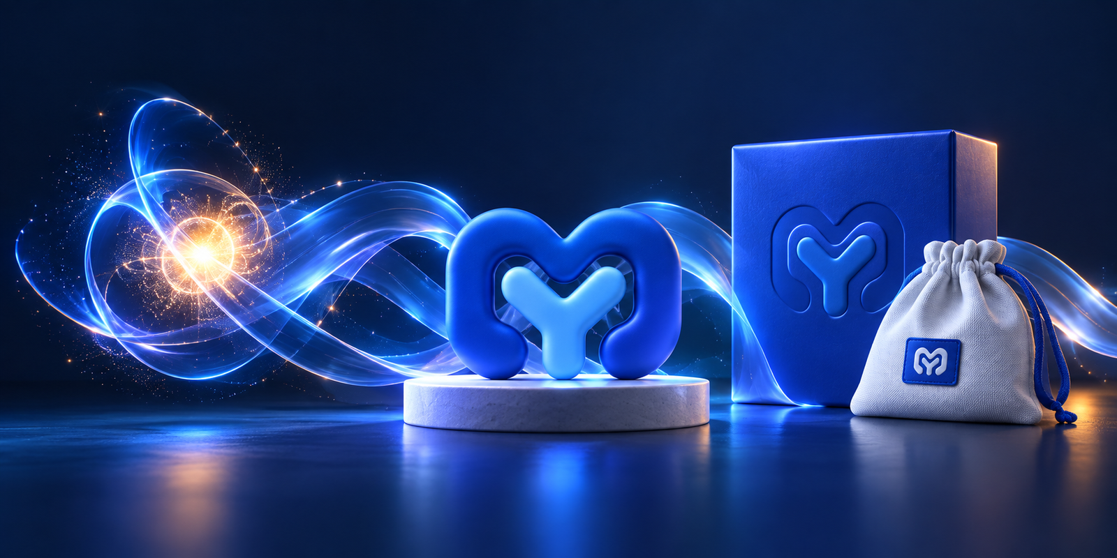 A spark of an idea flowing into a blue YourMerch collectible and its packaging